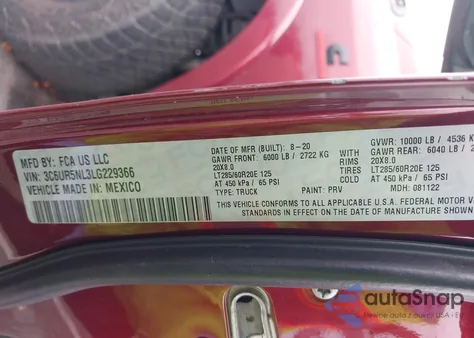 2020 Ram 2500 Laramie z USA, uszkodzony, nr VIN 3C6UR5NL3LG229366